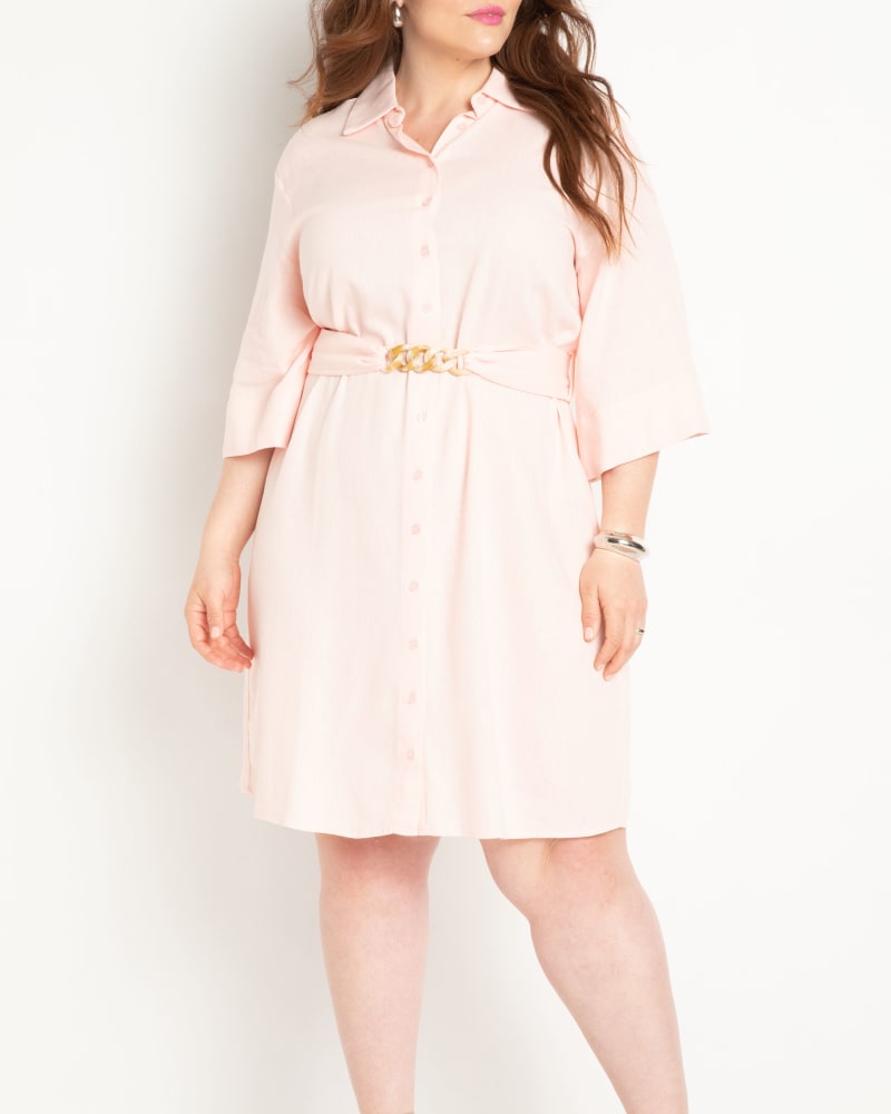 Front of a model wearing a size 16 Linen Blend Workwear Shirtdress in Veiled Pink by ELOQUII. | dia_product_style_image_id:294943